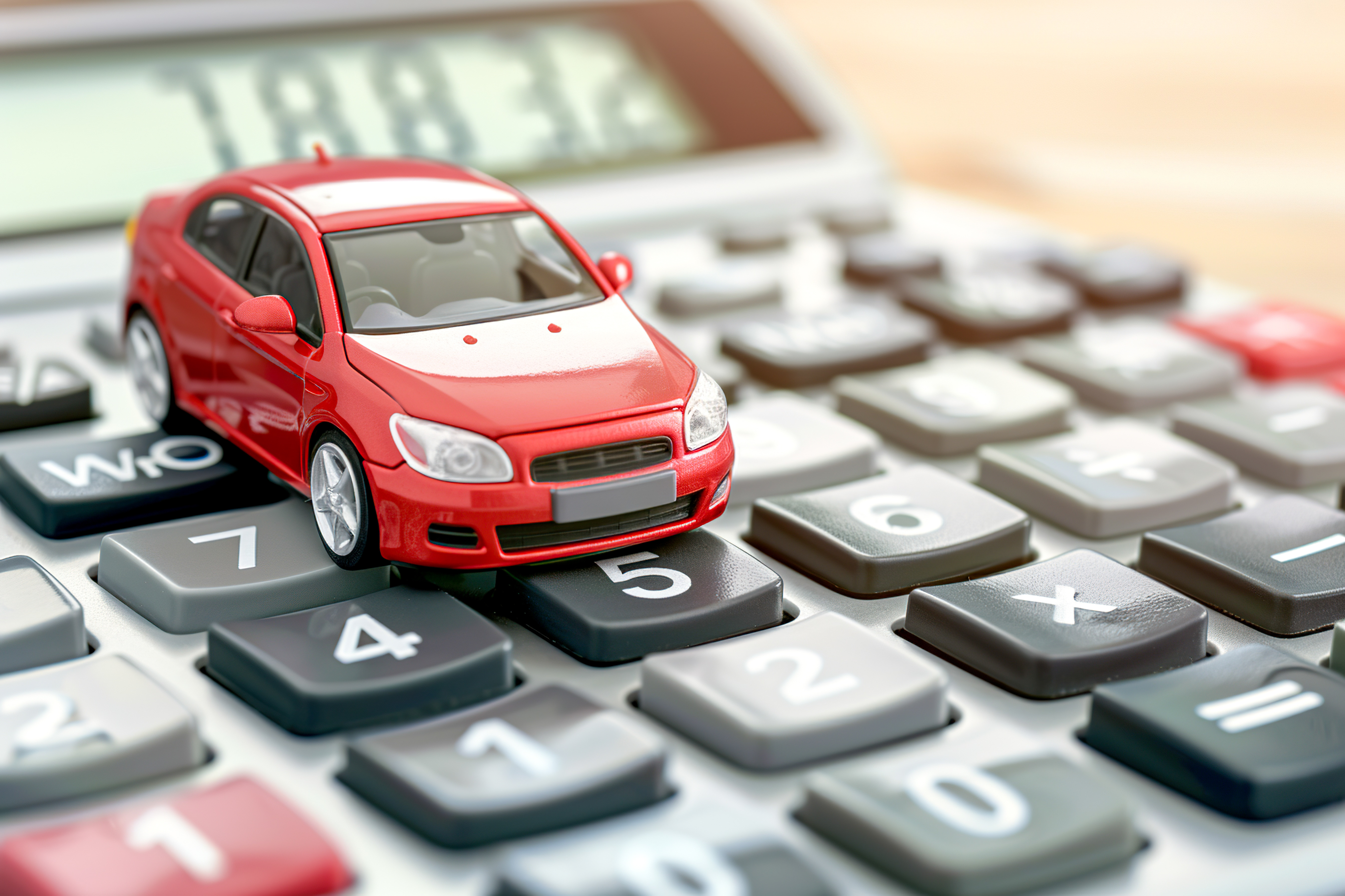 Red toy car on calculator, auto tax and financing, insurance and loans, concept of savings money on vehicle purchase.